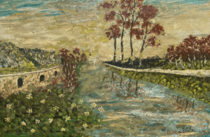 20th Century oil painting in need of conservation and artist signature identification.