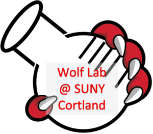 Cortland Dragon holding round bottom flask "Wolf Lab @ SUNY Cortland"